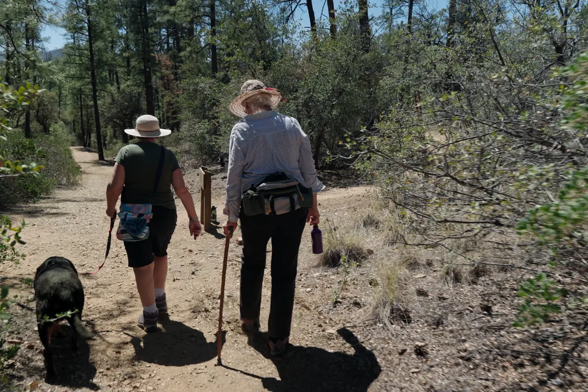 Highlands Center for Natural History: hikers and dog walk along a shaded forest trail